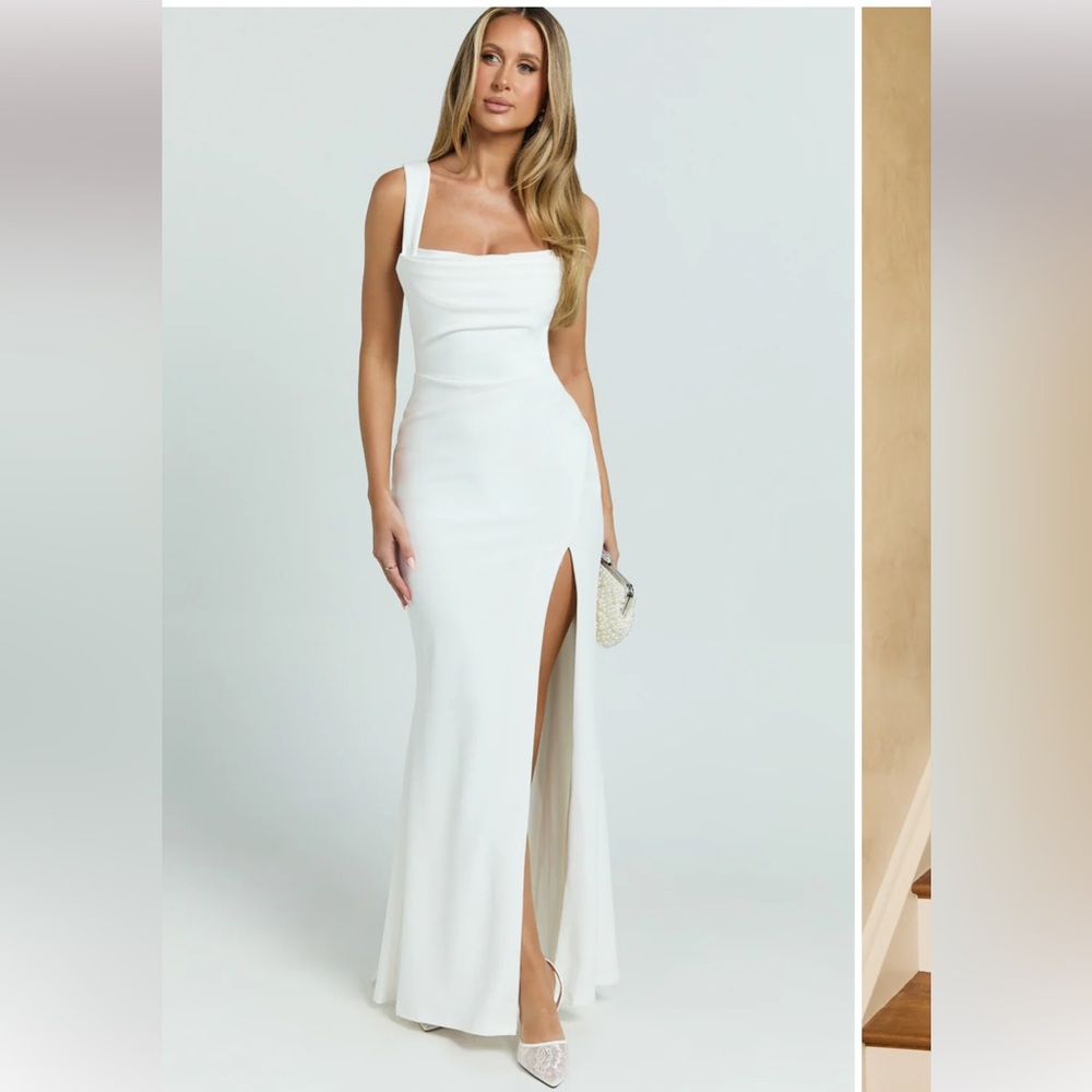 Showpo Tabitha ivory Cowl Neck Maxi Dress high split in ivory size 16 NEW